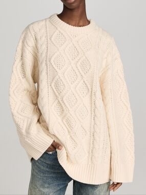Lioness Cream Cable-Knit Crewneck Sweater Oversized Medium
